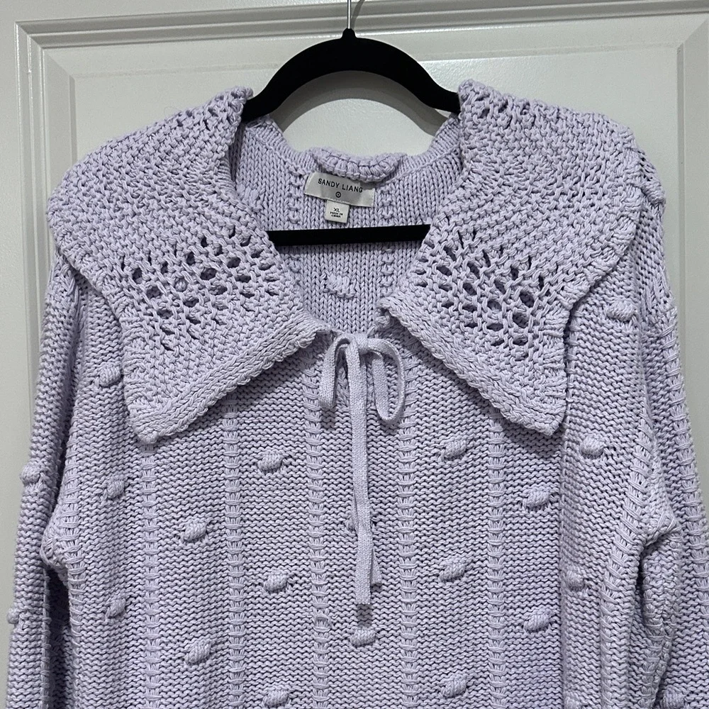 Sandy Liang Lilac Knit Sweater with Crochet Detail - Picture 3 of 6